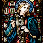 EY96CD Saint Cecilia stained glass, Holy Trinity Church, Shenington, Oxfordshire, England, UK